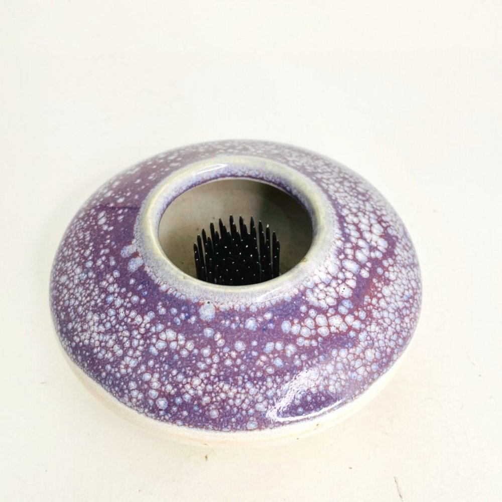 Ikebana Style POTTERY Vase Small Purple Splatter with Metal Frog Signed